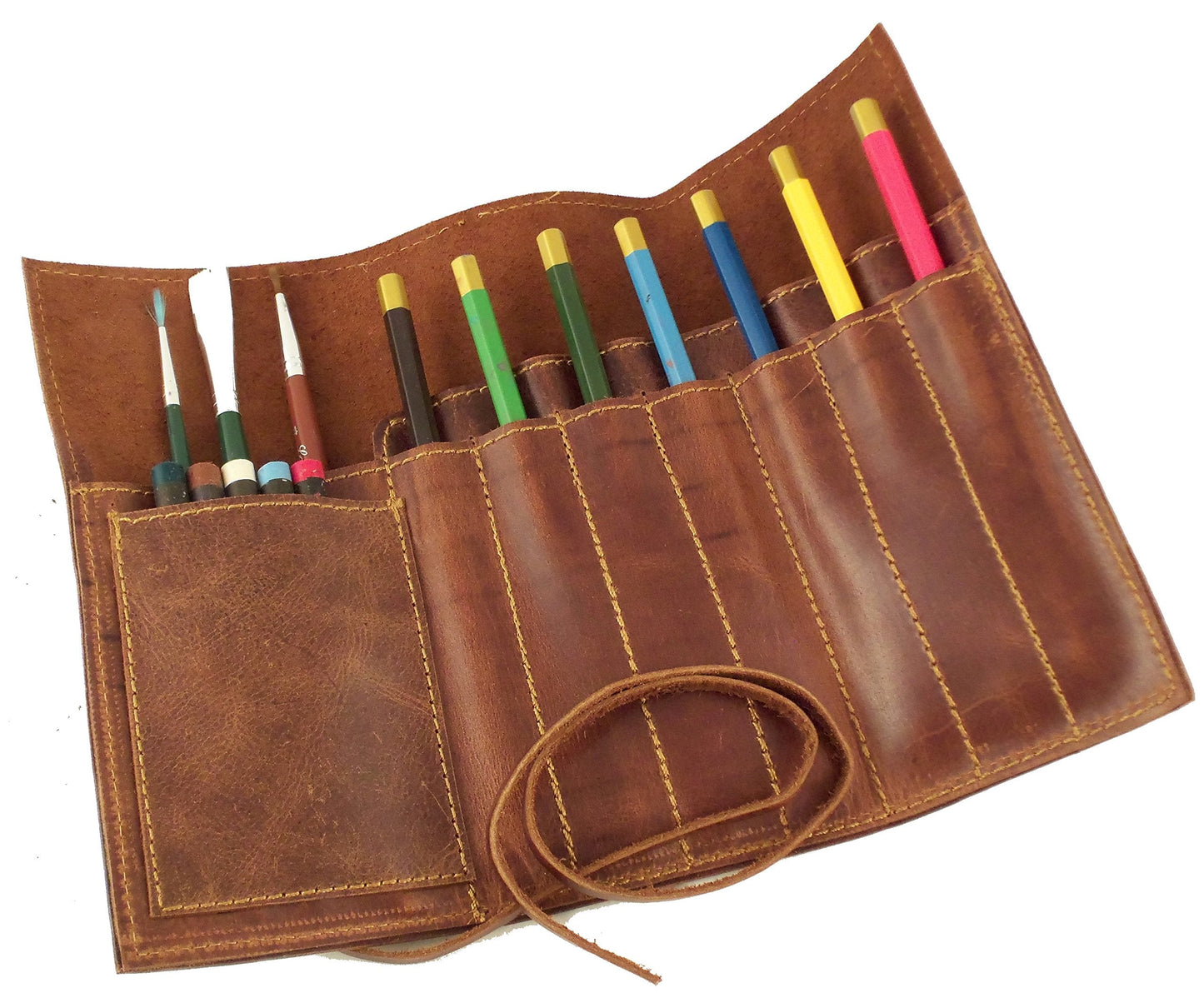 Rustic Genuine Leather Pencil Roll - Pen and Pencil Case - Dark Brown