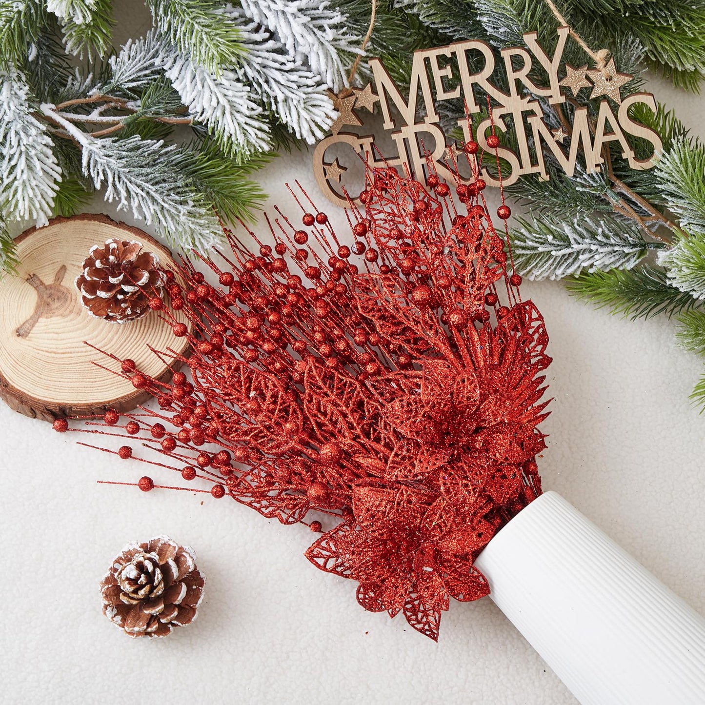 24 Pack Christmas Tree Ornaments - Artificial Flowers Glitter Berry Stems Christmas Floral Picks Branches for Xmas Tree Decorations Vase Filler Holiday Wedding Party Home Decor (Red)