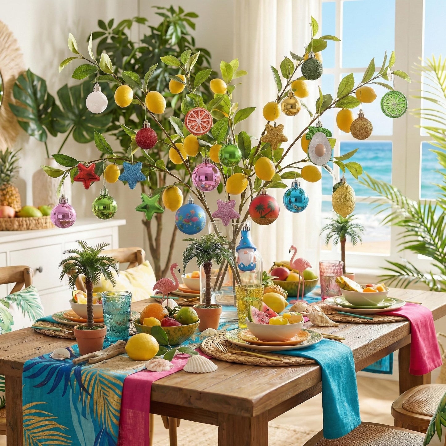 Valery Madelyn 30ct Summer Tree Ornaments Christmas in July Decorations, Coastal Beach Ocean Theme Set with Flamingo, Gnome, Avocado, Lemon & Palm Tree. Shatterproof Balls for Hawaiian Tropical Party
