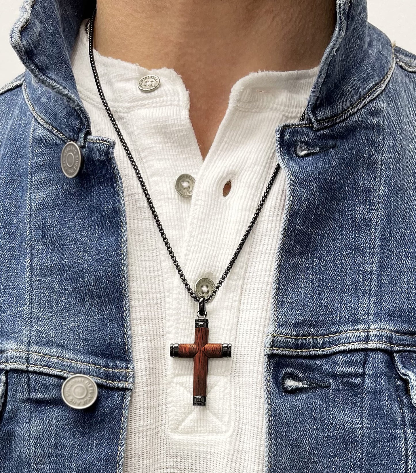 Metal Masters Co. Wood Cross Pendant Necklace Black Stainless Steel 24" Round Box Chain