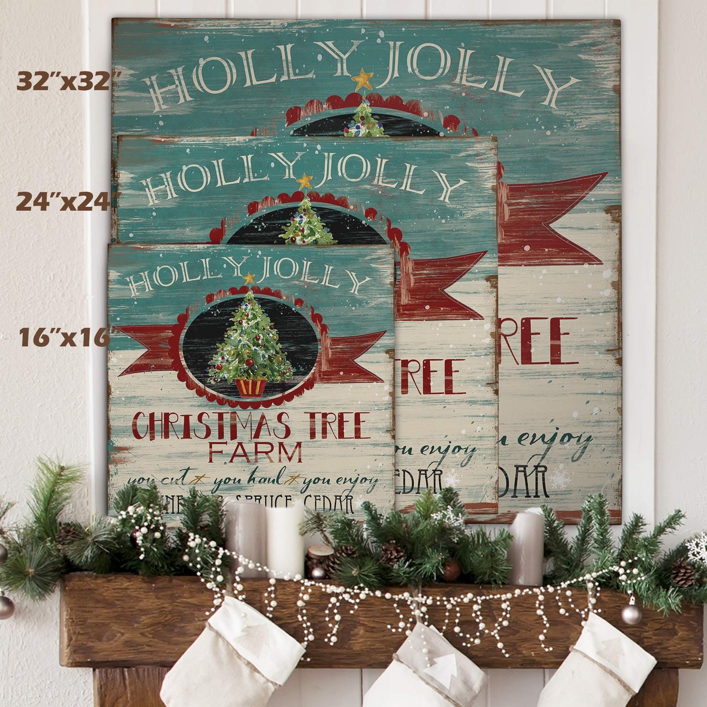Christmas & Holiday Canvas Wall Art- Winter Christmas Tree Snowman Snow Santa Elves Decor- Ready to Hang - Tannenbaum (24x24)