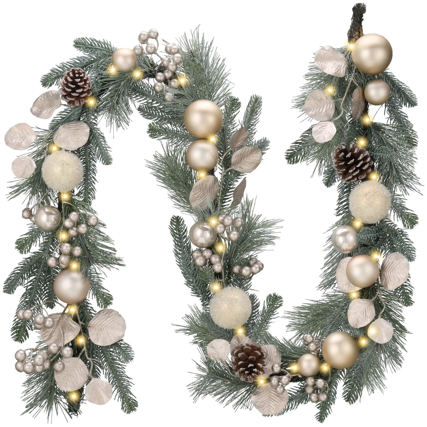 Valery Madelyn 6 Ft Pre-Lit Christmas Garland with Lights for Mantle, Lighted Outdoor Xmas Garland with White Gold Balls Norfolk Pine for Home Stairs Fireplace Table Centerpiece Indoor Holiday Decor