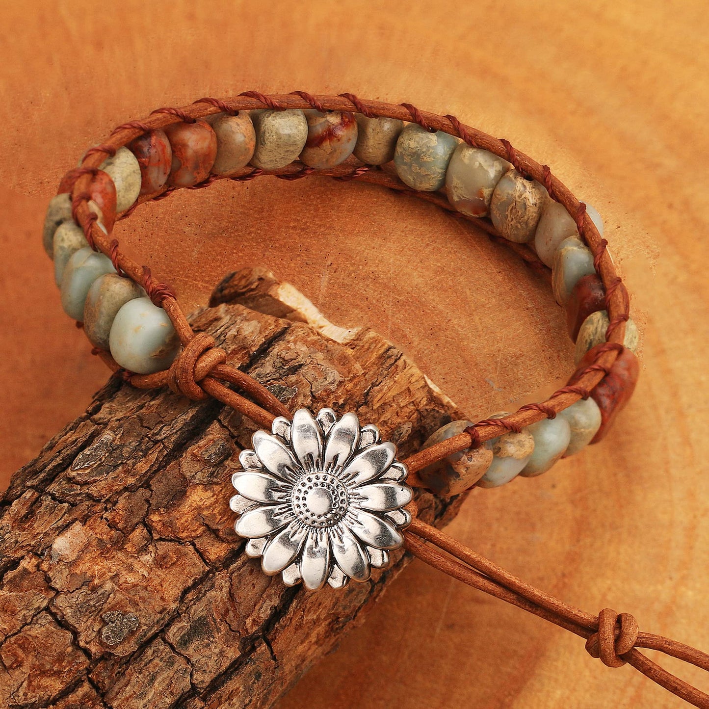 Sedmart Bracelets Made of Natural Stones with Hippie Stones Leather Wrap Healing Bead Bracelet Women Men