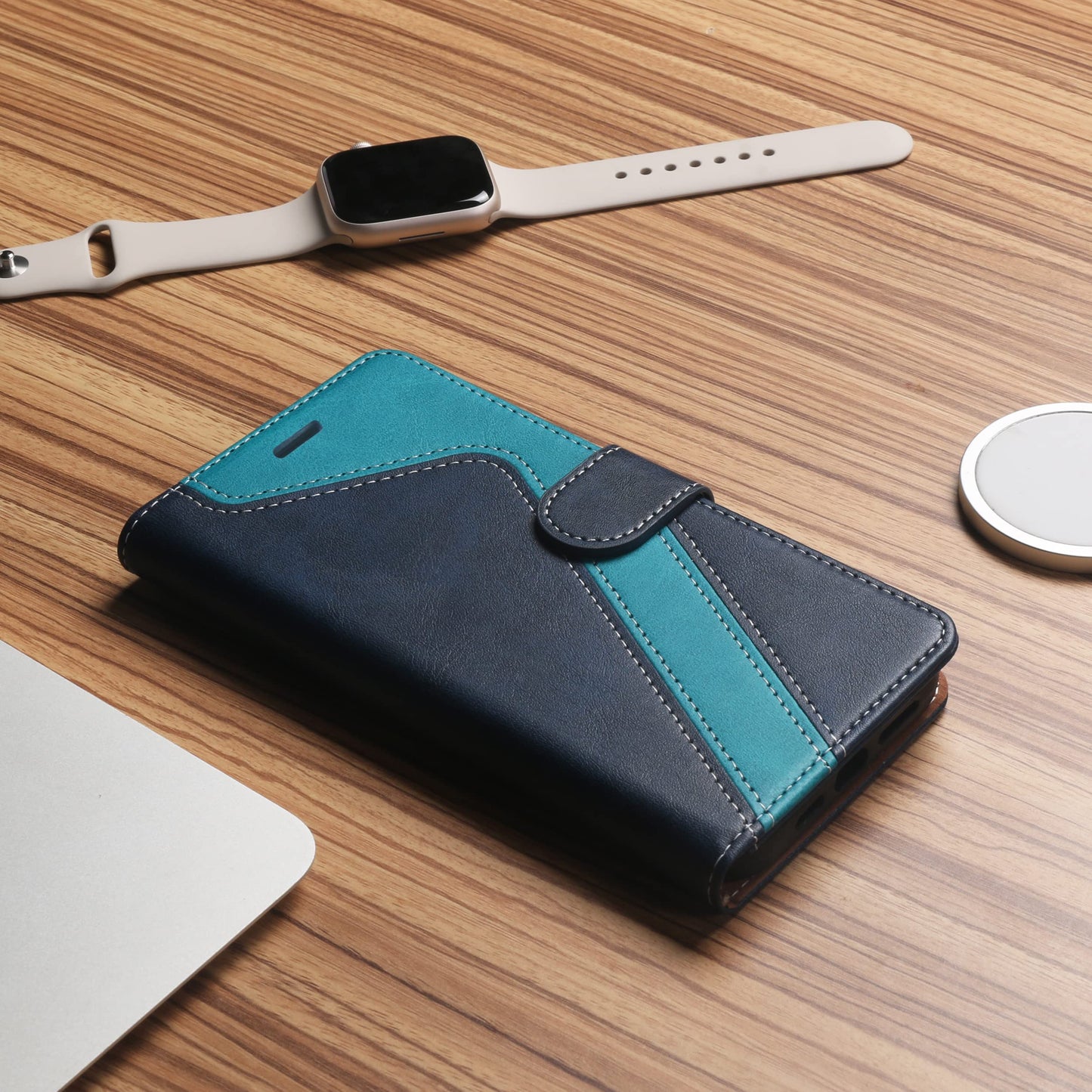 CIVICASE for Samsung Galaxy A42 Wallet Case,Premium Leather Flip Case [RFID Blocking] Credit Card Holder Folio Magnetic Stand TPU Shockproof Cover Color Matching for Samsung A42 (6.6") Blue Green