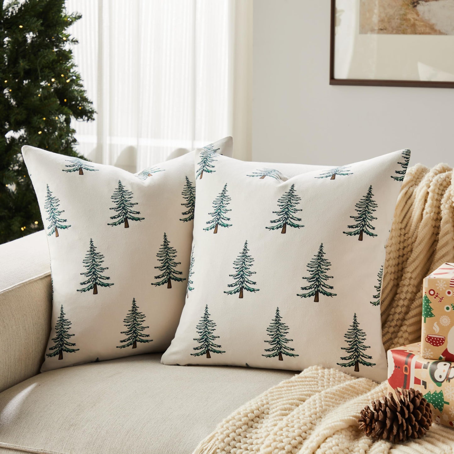YZJZEDS 100% Cotton Christmas Pillow Covers Set of 2, 24x24 Inch Christmas Green, Winter Tree Print Decorative Xmas Throw Pillow Covers Cushion Case Winter Home Decor for Sofa Bed Living Room