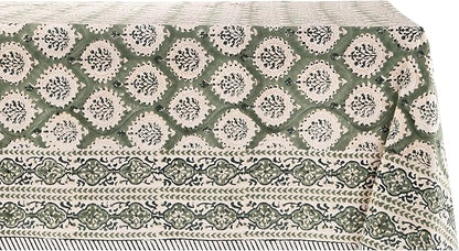 ATOSII Kari Green 100% Cotton Rectangle Boho Fall Tablecloth, Handblock Floral Table Cloth Linen for Kitchen Dining I Parties Wedding Outdoors Christmas Thanksgiving I 72 X 120 Inches I 10 Seater