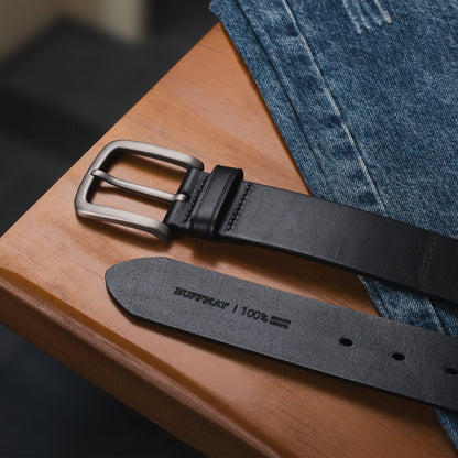 Buffway Men's Leather Belt,1.5" Handcrafted Top-Grain Leather – Durable,Comfortable,Suitable for Everyday Formal & Casual Wear - Size 38" Black