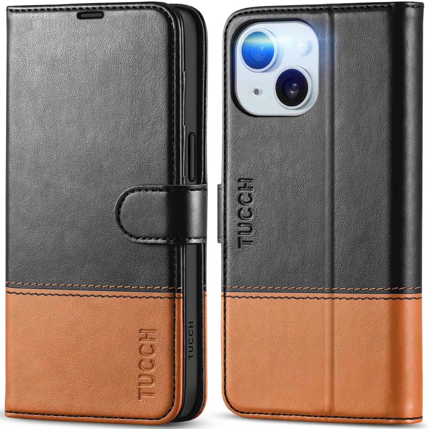 TUCCH Wallet Case for iPhone 15 5G, [RFID Blocking] 4 Card Slot Holder Kickstand [Shockproof TPU Interior Case], PU Leather Magnetic Flip Cover Compatible with iPhone 15 6.1" 2023, Black & Brown