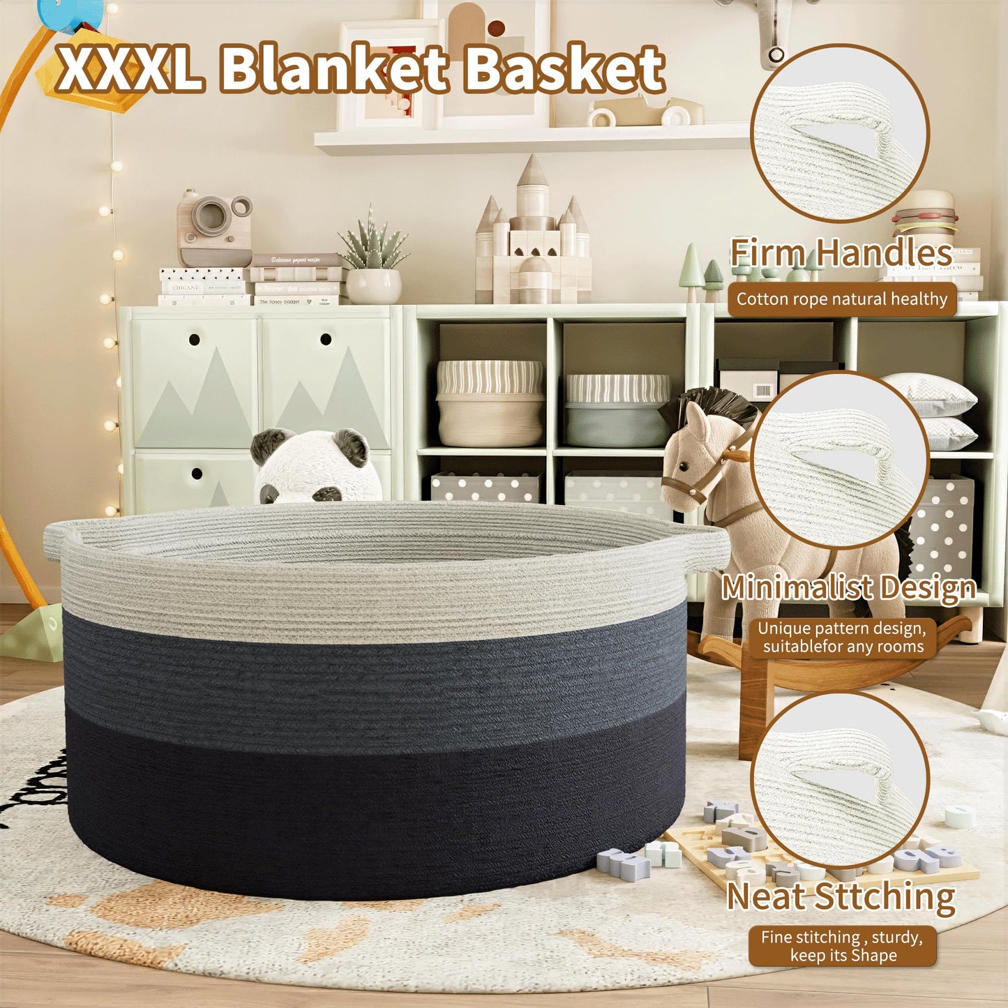 GOPAS 125L Extra Large Blanket Basket, 25" x 16", Jumbo Laundry Woven Basket Decorative Home, Cotton Rope Basket with Handles, Baby Toy Basket for Storage, Gradual blue