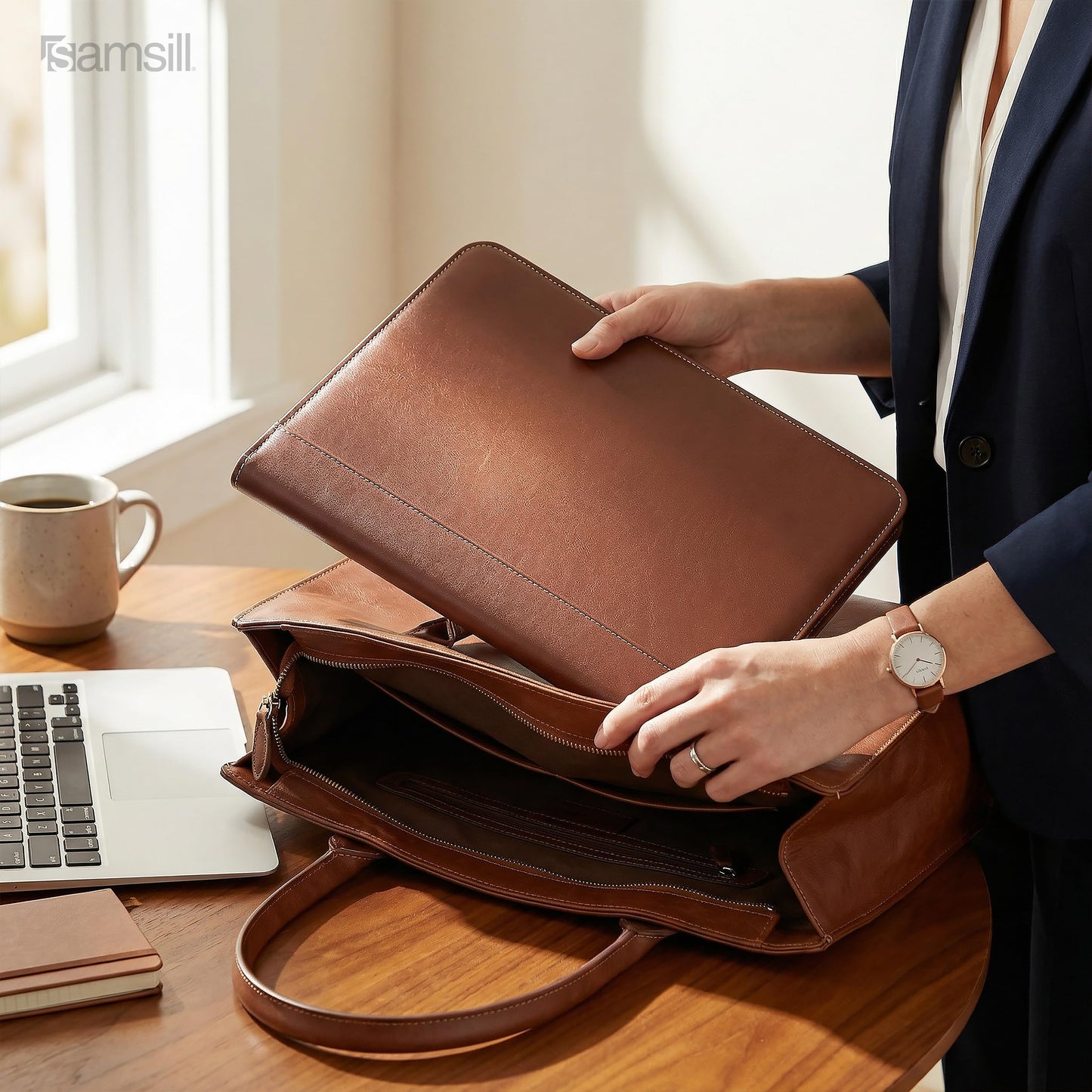 Samsill Contrast Stitch Leather Padfolio and Business Portfolio for Men and Women, Resume/Document Organizer with Writing Pad, Tan