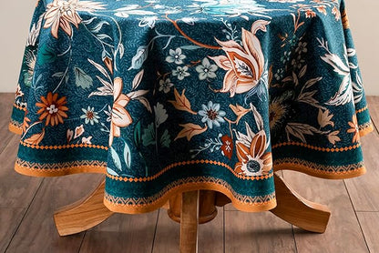 Maison d' Hermine Table Cloth Round Table 100% Cotton 63 Inches Fall Tablecloth Reusable Everyday Use for Thanksgiving Christmas Decorations Dining Farmhouse Party (Luxury Loft - Dark Teal)