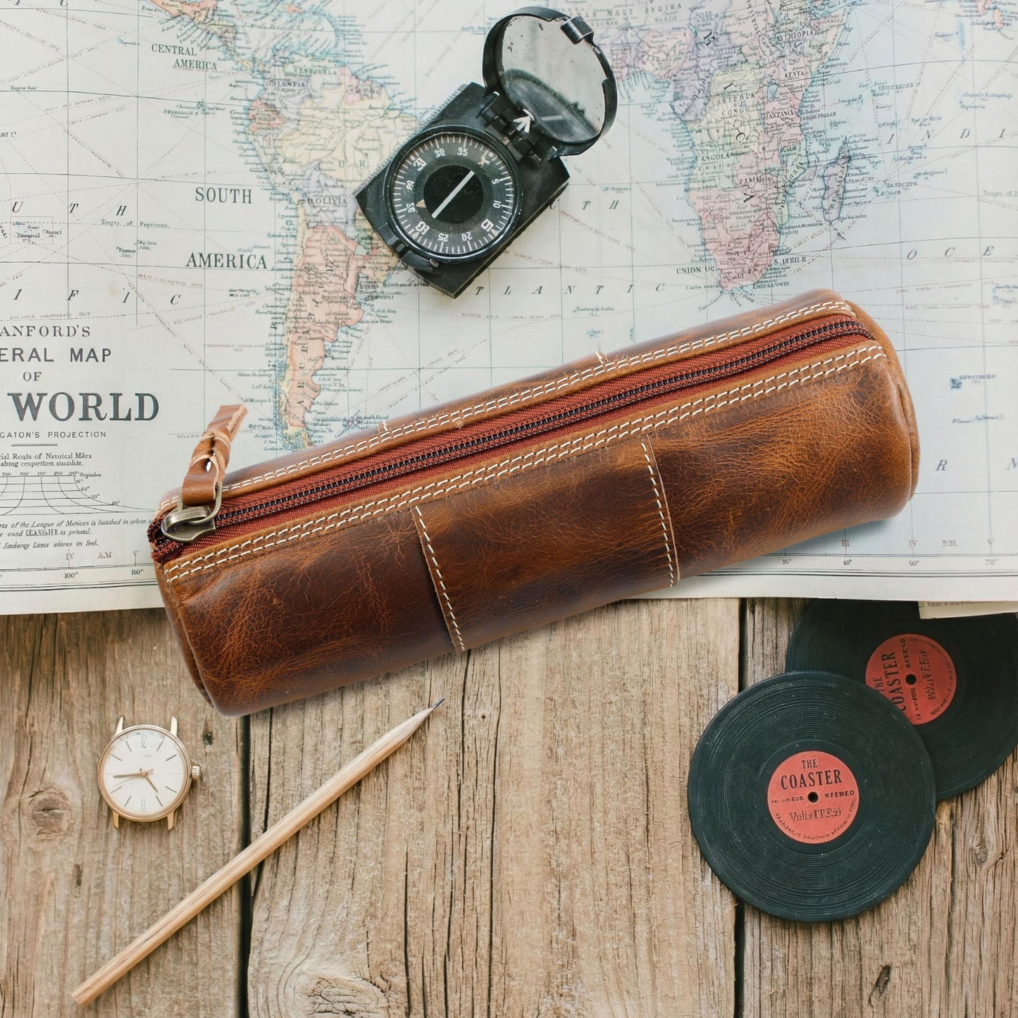 LEATHER TOWN Leather Pencil Case - Full Grain Leather Zippered Pen Pouch - Bag Pen Holder for Work & Office (Brown)