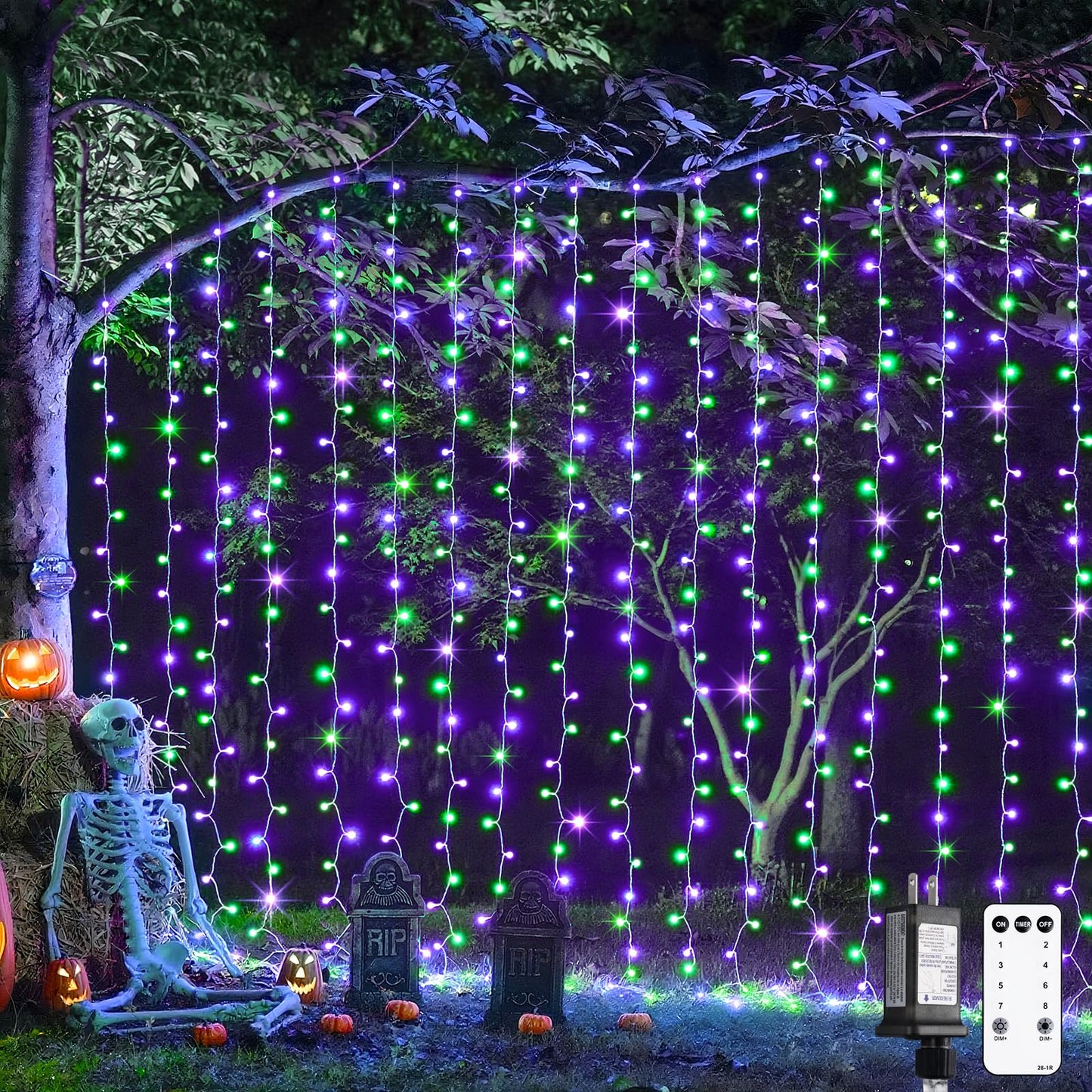 JMEXSUSS 300LED Halloween Curtain Lights with Remote, 9.8x9.8ft Halloween Lights Plug in, Christmas Twinkle Hanging String Light for Bedroom Wall Window Backdrop Indoor Outdoor Decor, Purple and Green