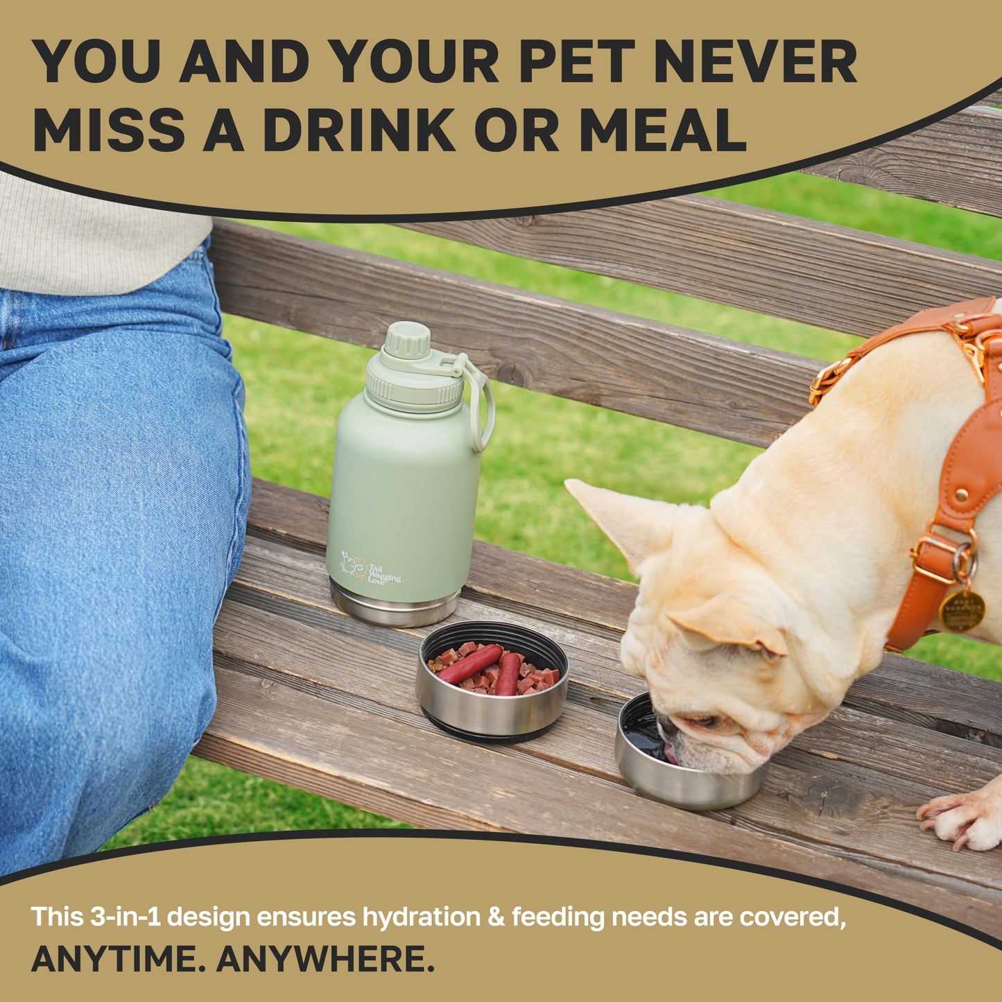 Tail Wagging Love 32oz 3-in-1 Portable Travel Water Bottle, Food & Hydration Bottle - Dual Use for Humans & Pets with Detachable Bowls, Stainless Steel, Keeps Water Hot for 6hrs & Cold for 12hrs