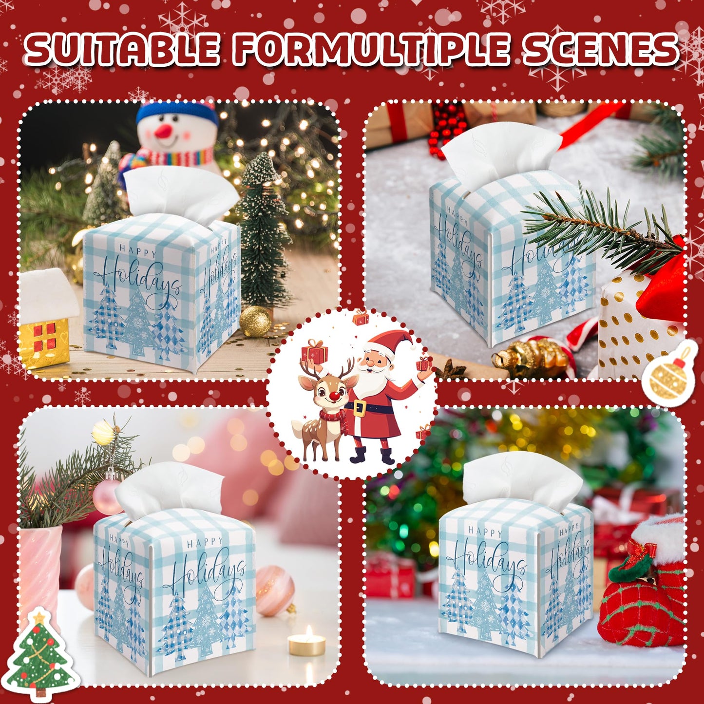 Christmas Box Cover Square, Blue Checkered Christmas Tree Decorative Tissue Box Holder, Waterproof Leather Tissues Boxes Dispenser for Bathroom, Bedroom Nightstand, Office, Car Home Decor