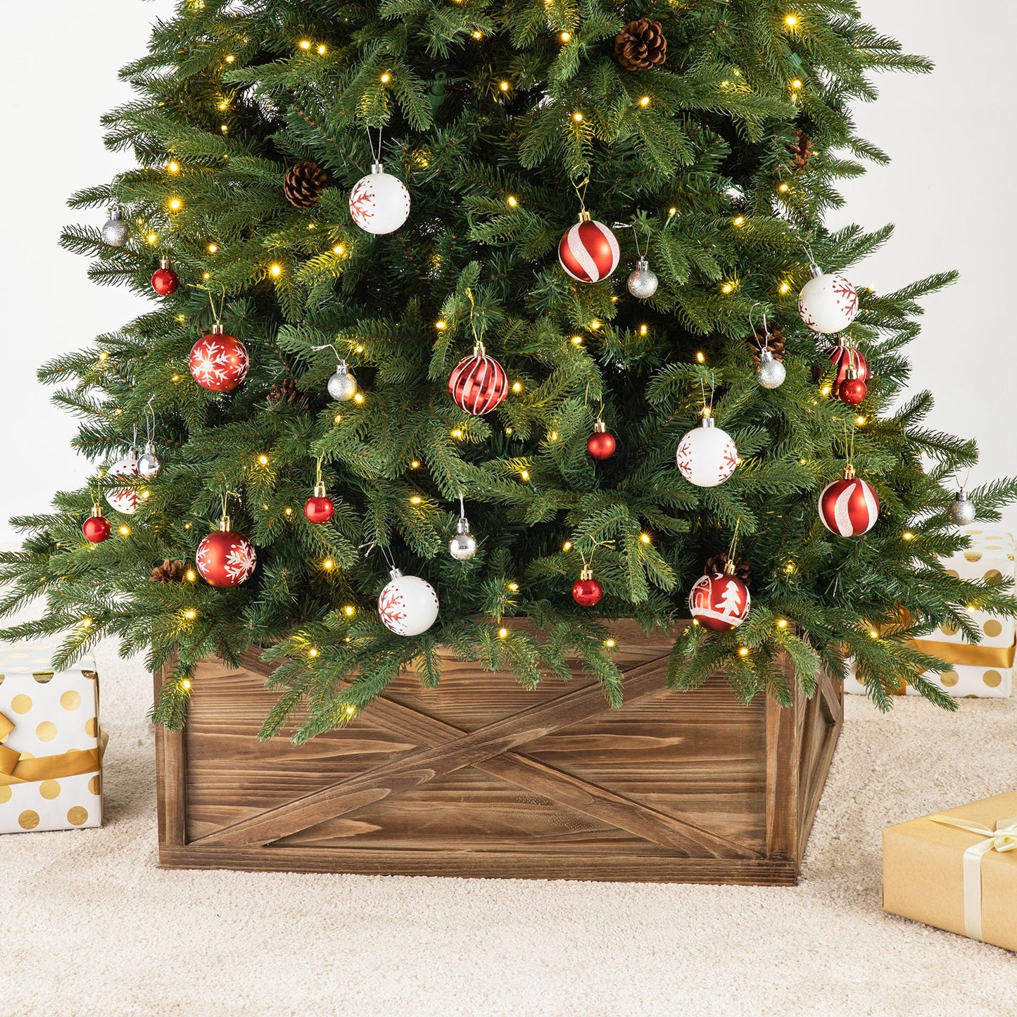 Glitzhome 22 inch Wooden Christmas Tree Collar Farmhouse Modern Stand Cover Skirt Base Box for 7.5/9 FT Artificial Xmas Holiday Decoration, Brown