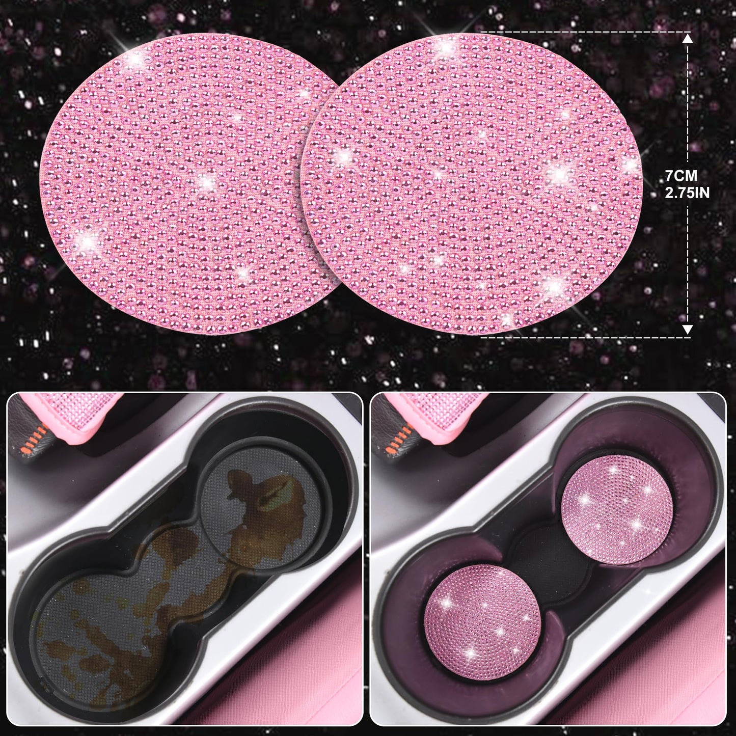 CAR PASS 24 PCS Pink Bling Diamond Accessories Set for Women, Leather Seat Covers, 15'' Steering Wheel Cover, Shining Rhinestone Sparkly Hooks, Coasters, Cute Interior Decorations