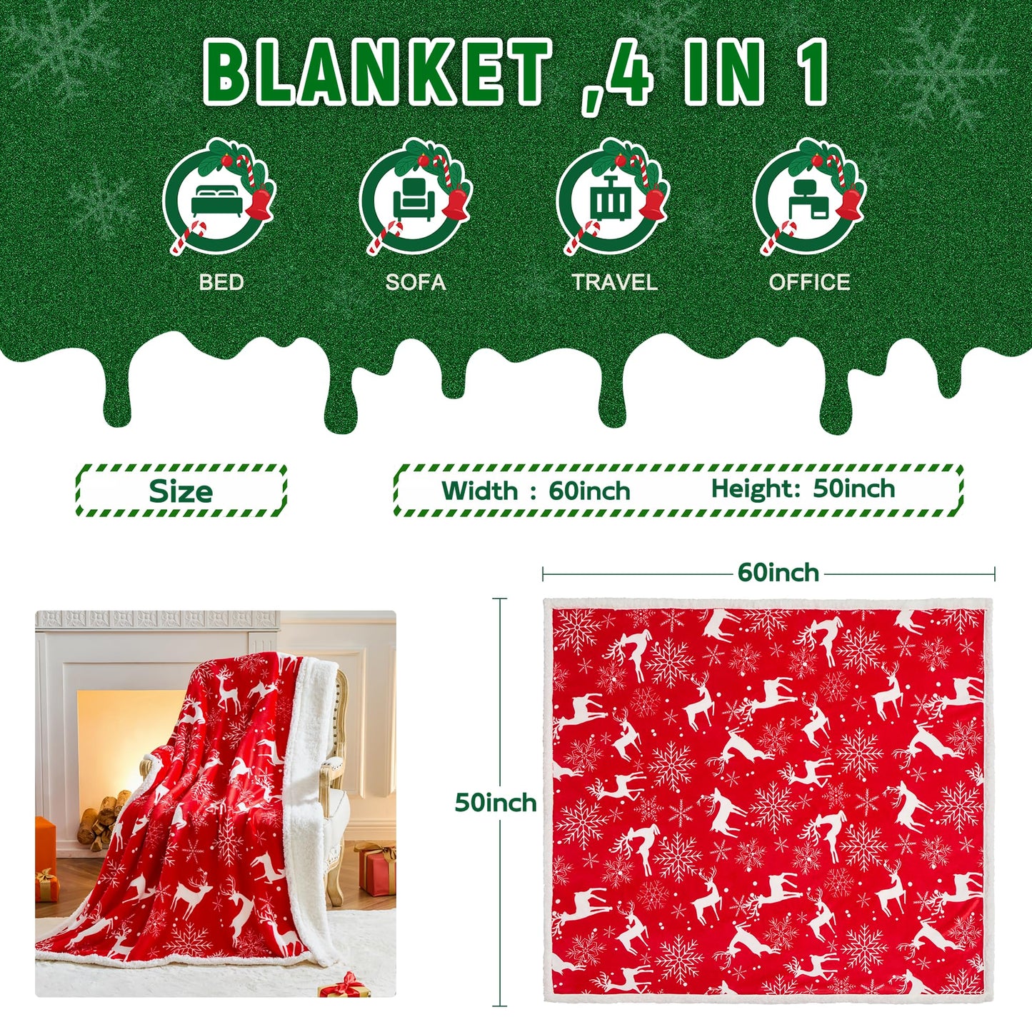 NORD ECO Christmas Throw Blanket, Christmas Decorations Gifts for Women, Sherpa Flannel Fleece Winter Holiday Blanket, Fluffy Cozy Soft Christams Throws for Couch Sofa Bed, Reindeer Stars, 50" X 60"