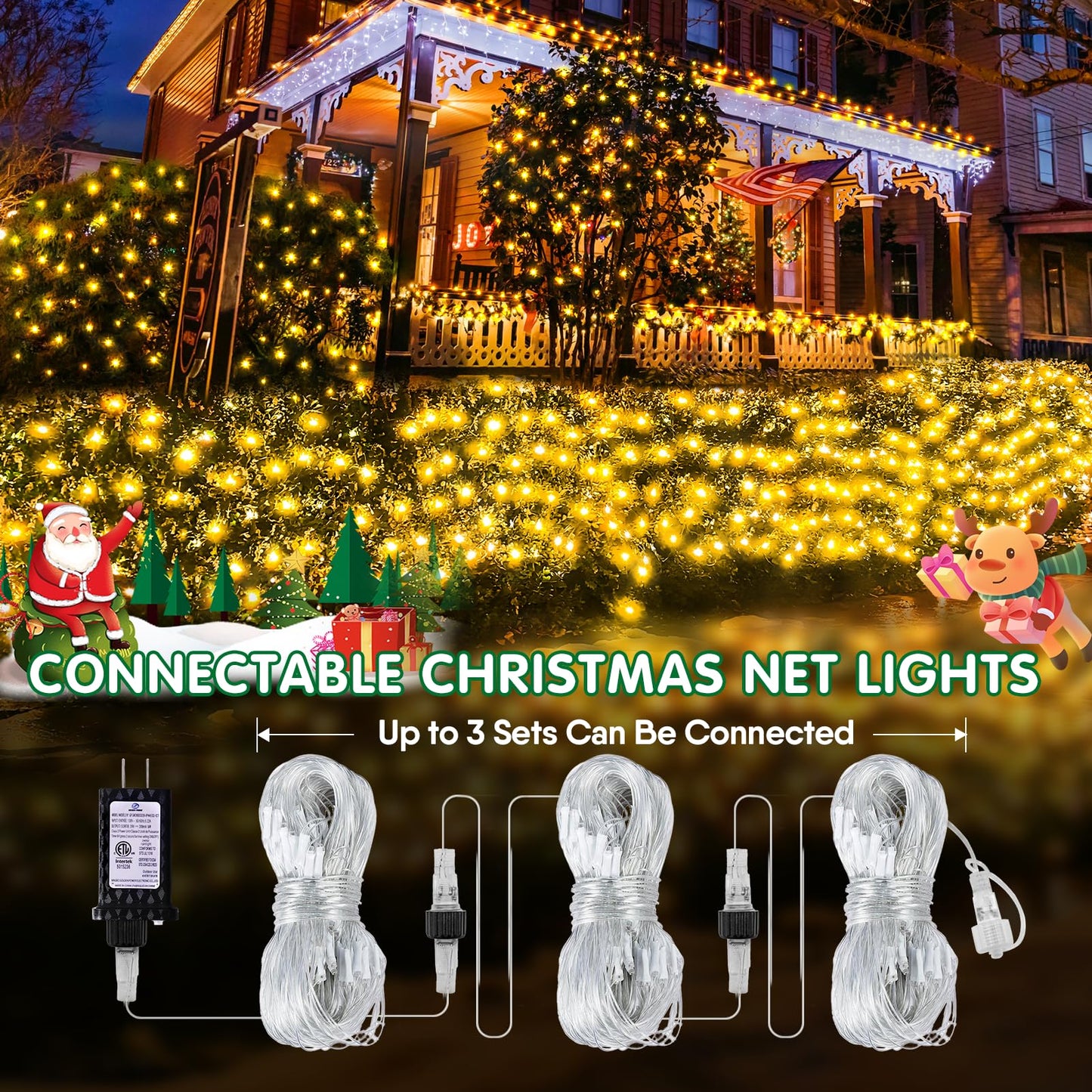 Hezbjiti Christmas Net Lights Outdoor 200 LED 6.9FT x 5.4FT Clear Wire with 8 Modes, Connectable Plug in Waterproof, Timer Memory Function for Xmas Tree Bushes Porch Lawn Windows Decor（Warm White）