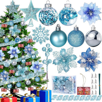 76Pcs Christmas Tree Decorations Set, Blue Assorted Ornaments with Large Shatterproof Plastic Balls, Star Tree Topper, Glitter Berries Stems, Ribbon for Indoor Garland Home Holiday Wedding Decor
