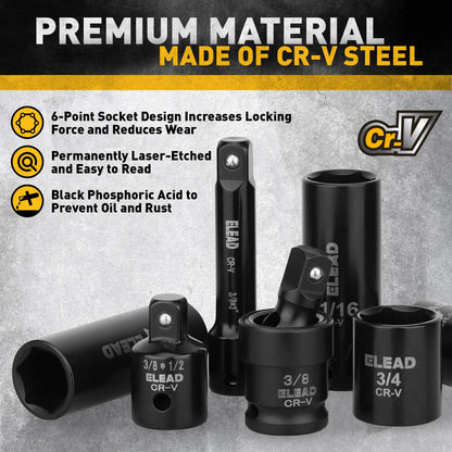 3/8'' Drive Impact Socket Set - 50-Piece Shallow & Deep Socket Set Metric and Standard Full with Universal Joint, Extension Bar, 1/2 to 3/8 Reducer, Hex Shank Socket Adapter, Ratchet Handle
