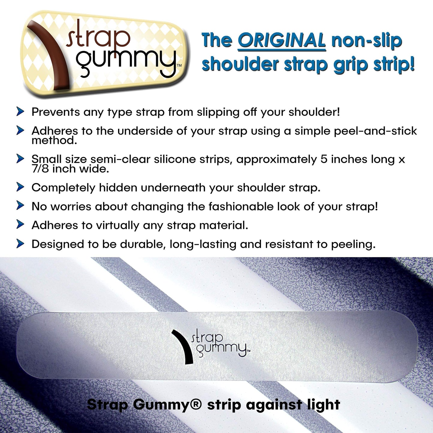 Strap Gummy - Stop Strap Slips - the ORIGINAL Shoulder Strap Grip Non Slip Strips - Set of 6 pieces, Semi-Clear