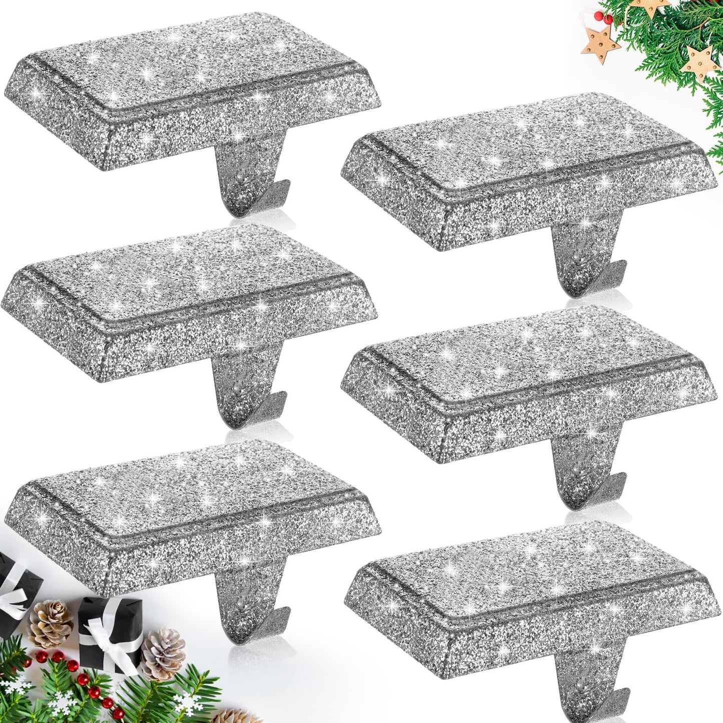 Huwena 6 Pcs Metal Christmas Stocking Holders Shiny Mantle Heavy Duty Stocking Hangers Glitter Hanging Hooks Christmas Ornaments for Fireplace, Silver