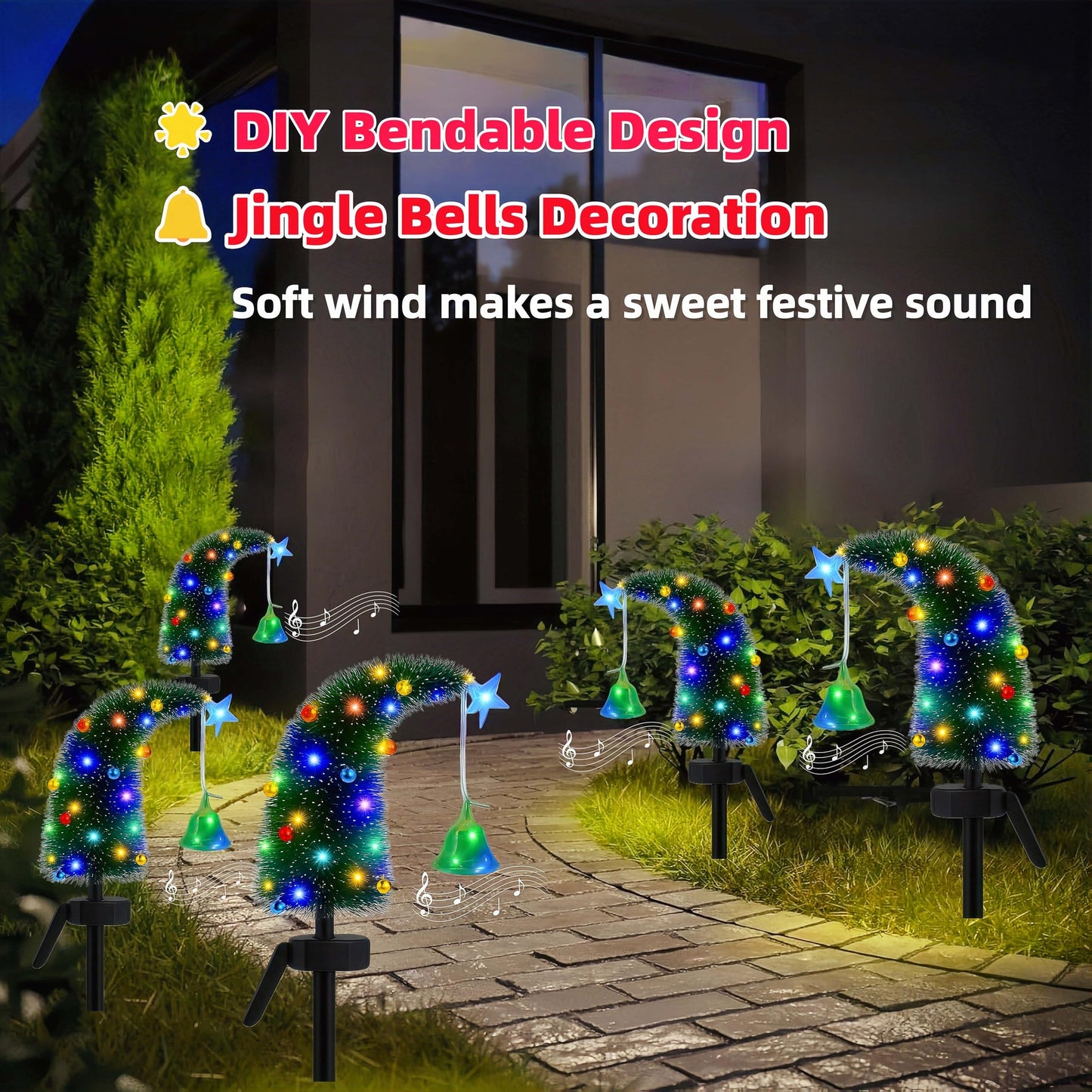 Solar Christmas Tree Outdoor Christmas Decorations, Small Xmas Tree Lights with 24 Mini Bells & 1 DIY Big Bell,Waterproof Solar Christmas Lights for Yard Front Porch Pathway Grave Cemetery Decor