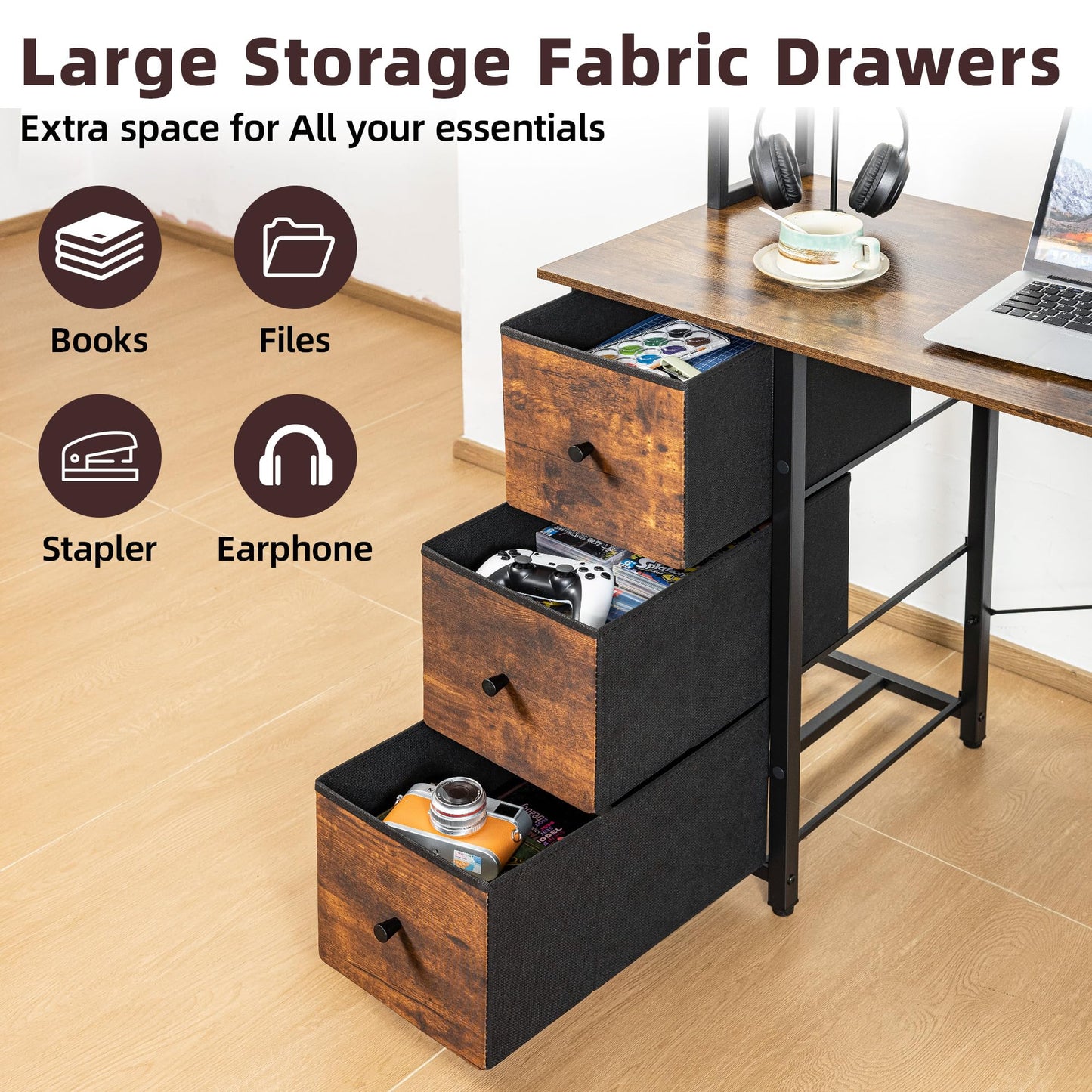 Aquzee Computer Desk with Drawers, 47 inch Desk Hutch, Gaming Desk with Storage Shelves, Power Outlets & Bookshelves, Study Writing Desks for Bedroom Living Room Home Office, Rustic Brown