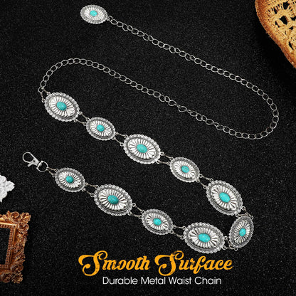 SANSTHS Western Metal Concho Belt for Women, Waist Chain Cowgirl Belt for Dresses Pants Jeans with Silver Chain, green gem S