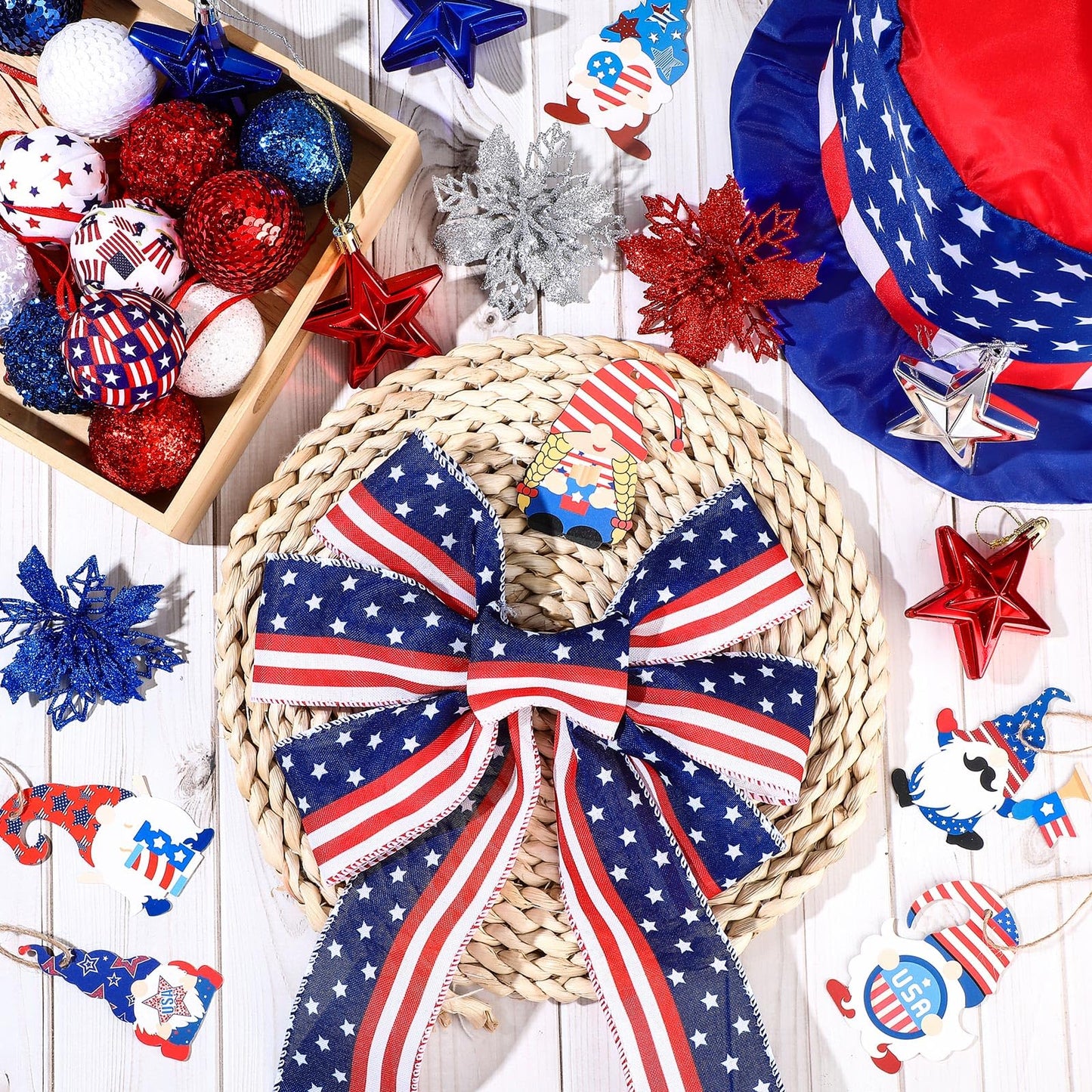 43 Pcs 4th of July Patriotic Tree Decorations Independence Day Christmas Tree Ornaments Ribbon Bow Topper Red White and Blue Hanging Ornaments for National Memorial Day Party