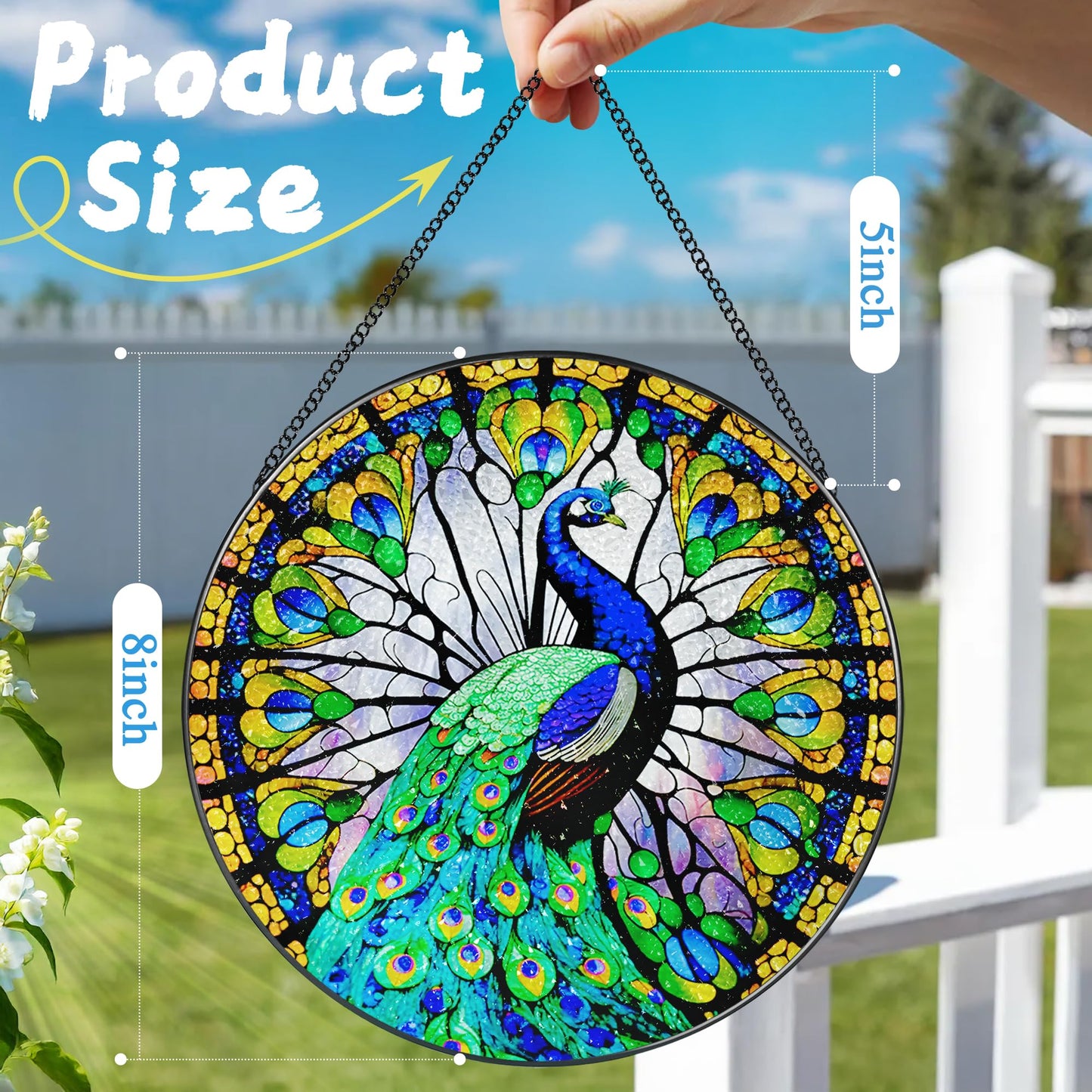 8 Inch Stained Glass Suncatcher Ornament, DOUHASU Peacock Sun Catchers Indoor Window, Stained Glass Window Hanging, Home Decor, Peacock Lovers for Mom, Grandma, Friend, Bestie, Couple