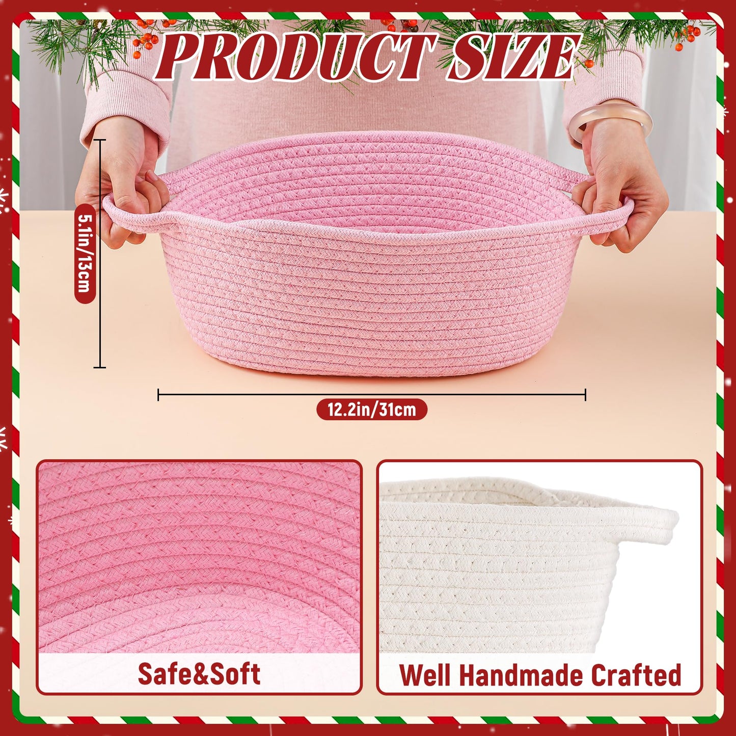 4pcs Valentines Day Gift Basket Empty, Pink Woven Basket with Handles, Decorative Rope Woven Storage Basket Valentines Gift Baskets with Gift Bags Sticker and Ribbons for Empty Decorative Gift Box