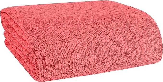 BELIZZI HOME 100% Cotton Bed Blanket,Breathable Thermal Blanket Full Queen Size,Soft Chevron Thermal Blanket 90x90in,Cotton Bed Blanket,Perfect for Layering Any Bed for All Season,Coral