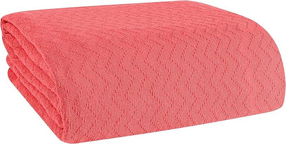 BELIZZI HOME 100% Cotton Bed Blanket,Breathable Thermal Blanket Full Queen Size,Soft Chevron Thermal Blanket 90x90in,Cotton Bed Blanket,Perfect for Layering Any Bed for All Season,Coral