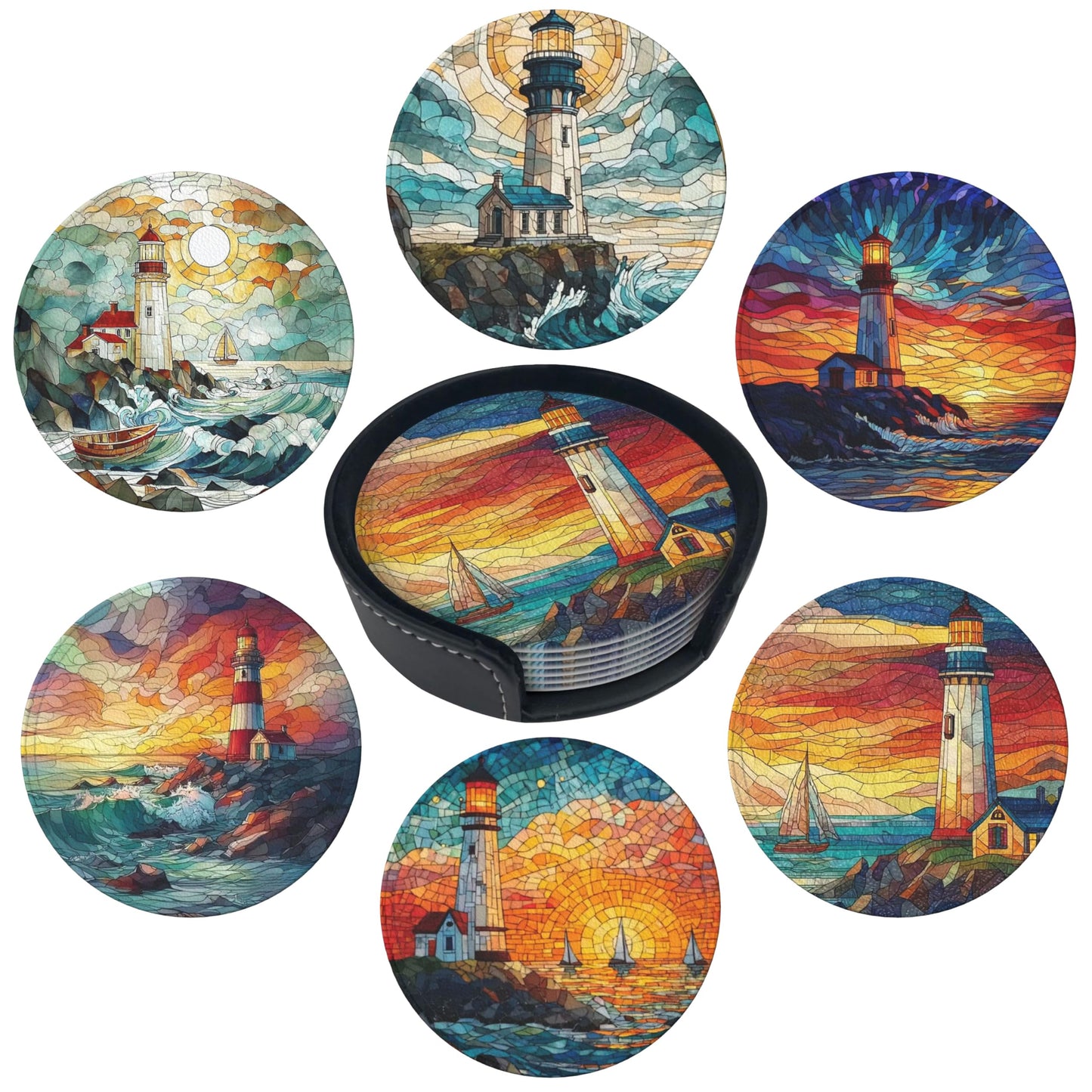 Lighthouse Coasters Leather Round Drink Coasters 6 Pcs Set with Holderor for Cup Drink Coffee Table Bar Home Decor