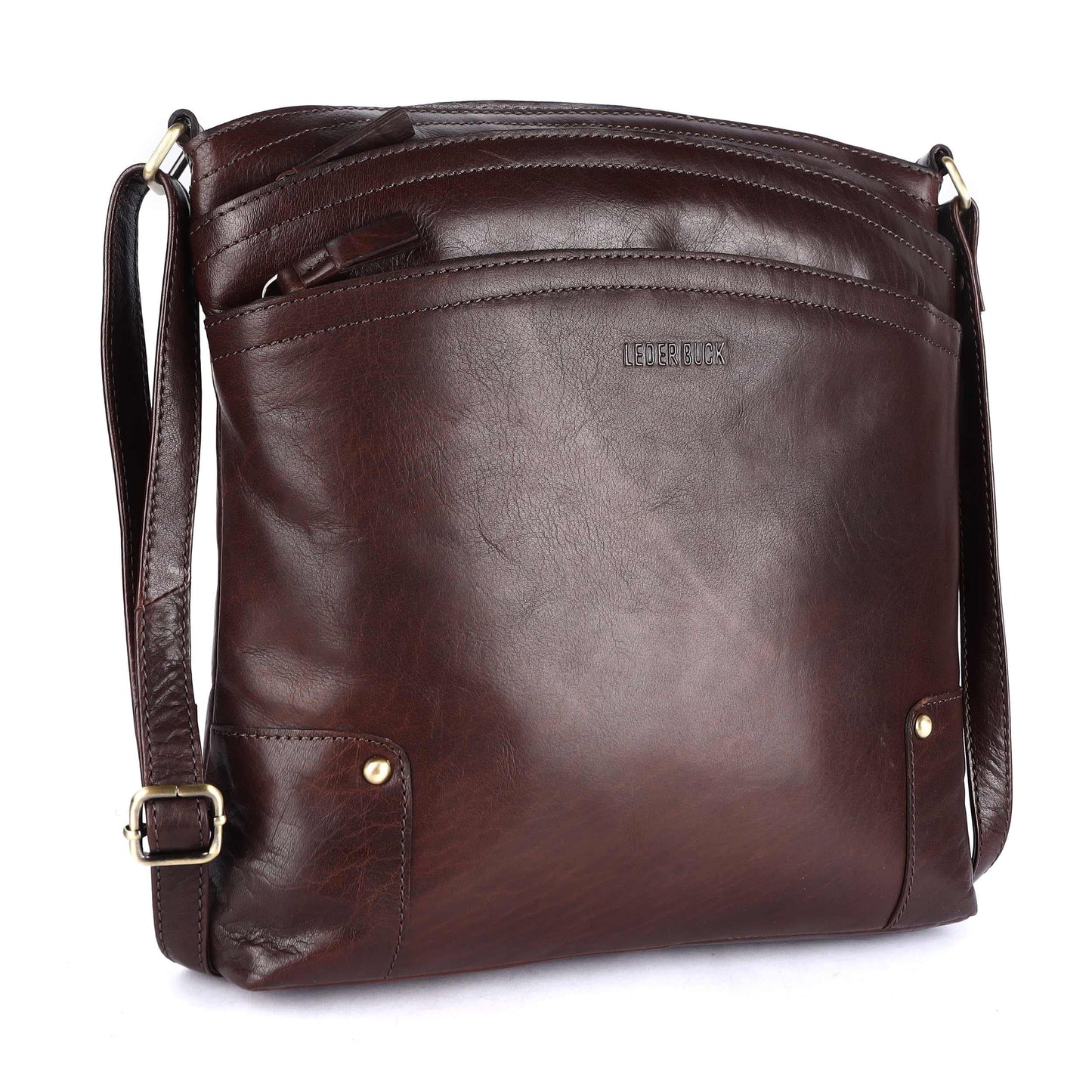 LEDERBUCK Terry Large Soft Real Leather Crossbody handbag-Triple Zip Premium Sling Crossover Shoulder Bag for Women (Brown)