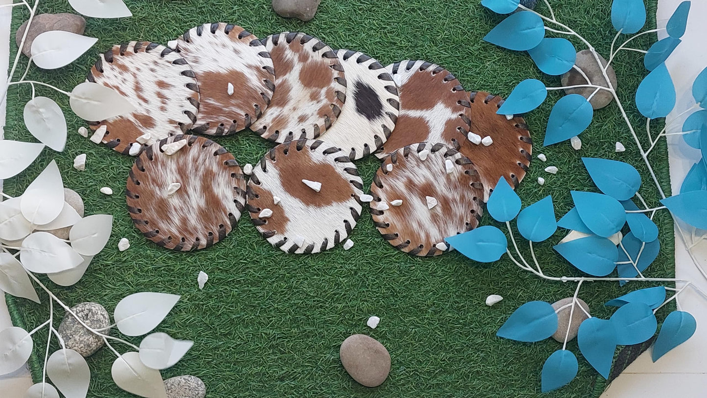 Cowhide Coasters Set of 6 pcs Round Natural Cowhides Drink Pads Hair On Genuine Leather Tea Cup Mats Home Decor & Home Living Ideas Multicolor Furry, Stain Protection