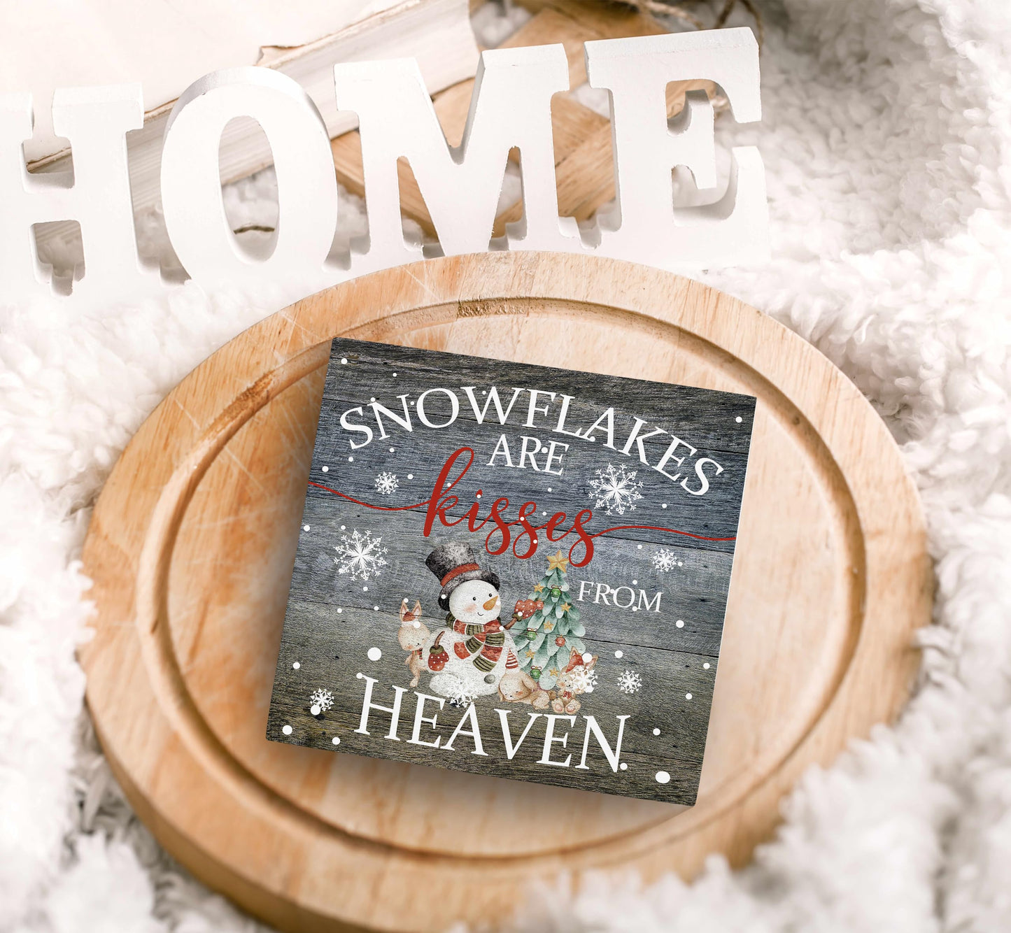 SRADMO Christmas Snowflakes are Kisses from Heaven Wood Box Sign Desk Decor, Winter Signs Box Sign Decoration for Home Office, Snowman Decor Signs Plaques