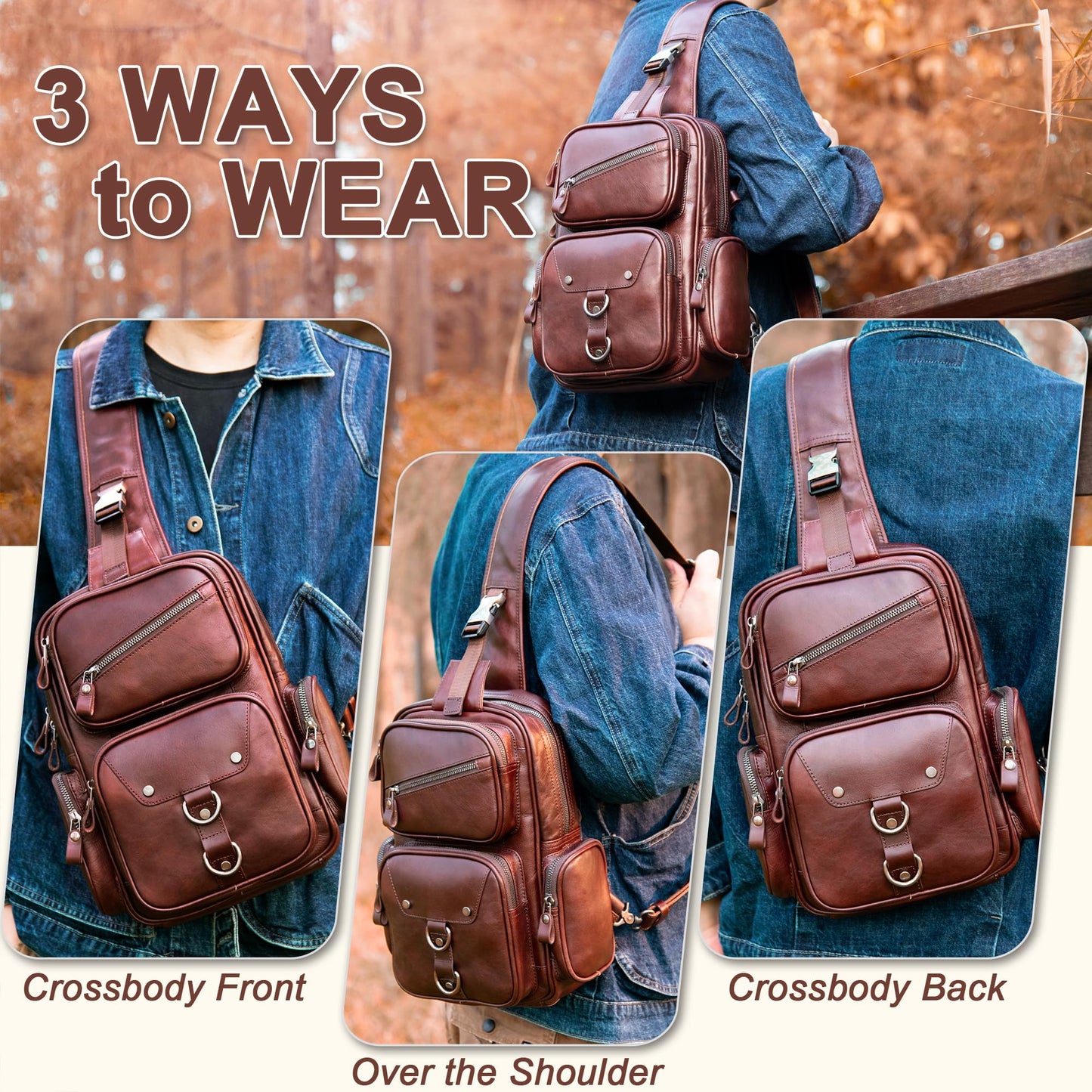 CENUNCO Genuine Leather Sling Bag for Men Large Crossbody Shoulder Bag Casual Sling Backpack Anti-Theft Travel Chest Purse (Dark Brown)