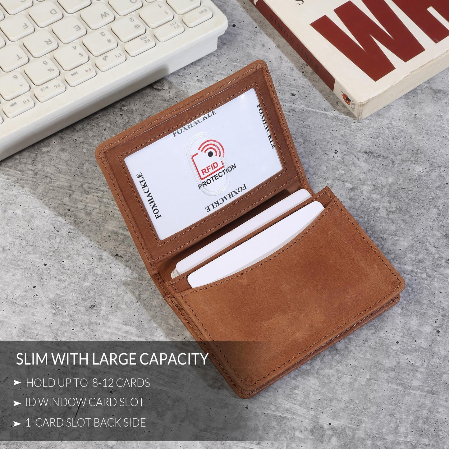 FOXHACKLE Full Grain Leather Credit Card Holder For Men and Women, Small RFID Blocking Bifold Wallet (With ID Slot, Hunter Tan)