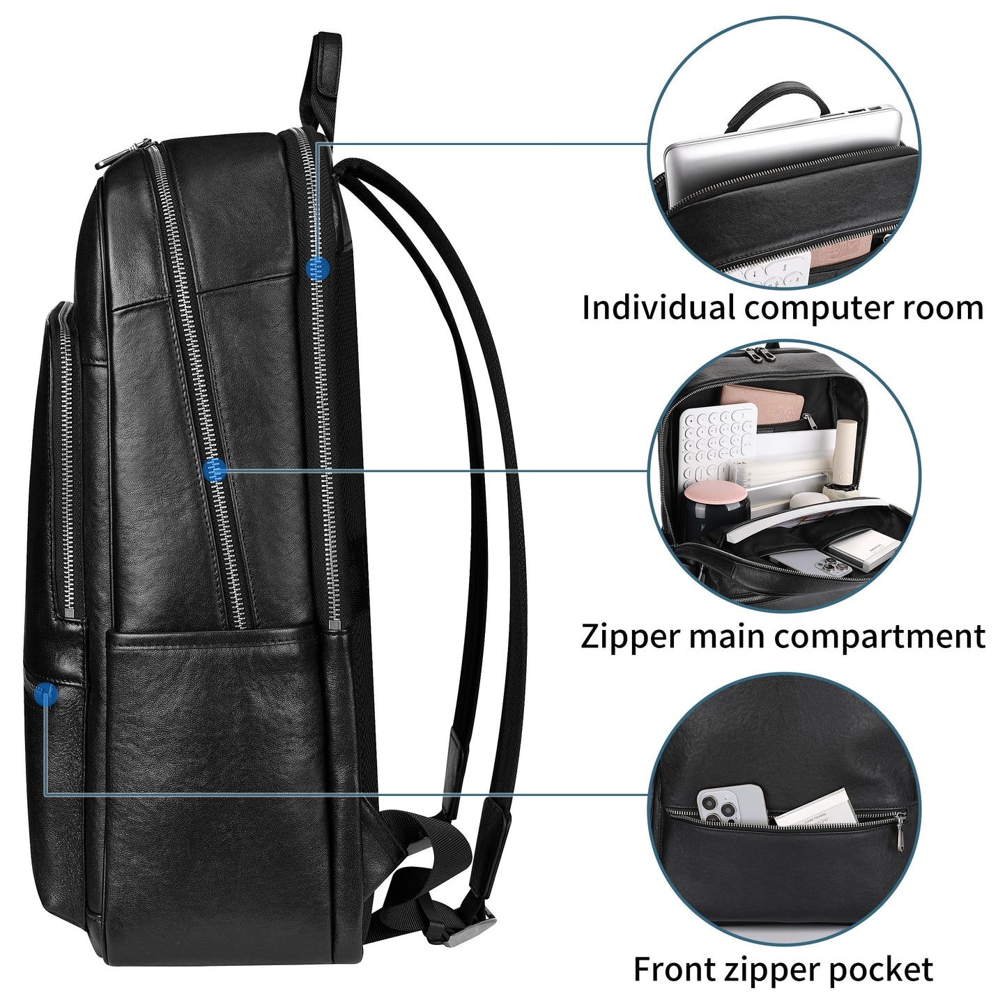 Colins Keirs Large Black Leather Backpack for Men, Minimalist Luxury Executive Computer Backpack for Men, 17.3 Inch Genuine Leather Laptop Backpack for Travel Work Business