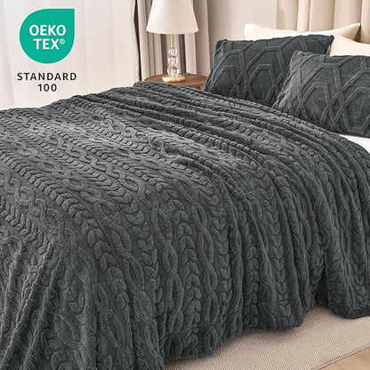 PHF Fluffy Sherpa Blanket King Size for Winter, Warm and Soft, 510GSM 3D Jacquard Thick Shaggy Fleece Plush Blanket for Sofa Bed, Dark Grey, 108"x90"