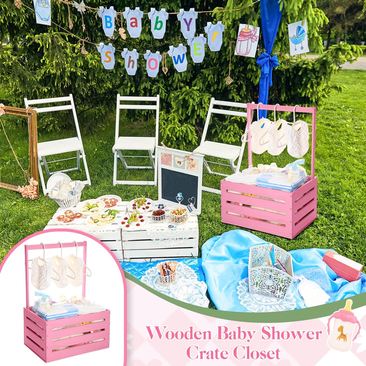 Suzile Wooden Baby Shower Crate Closet Wood Basket for Gifts with Handle Boy Girl Clothes Gender Reveal Storage Box for Newborn New Parent(Pink)
