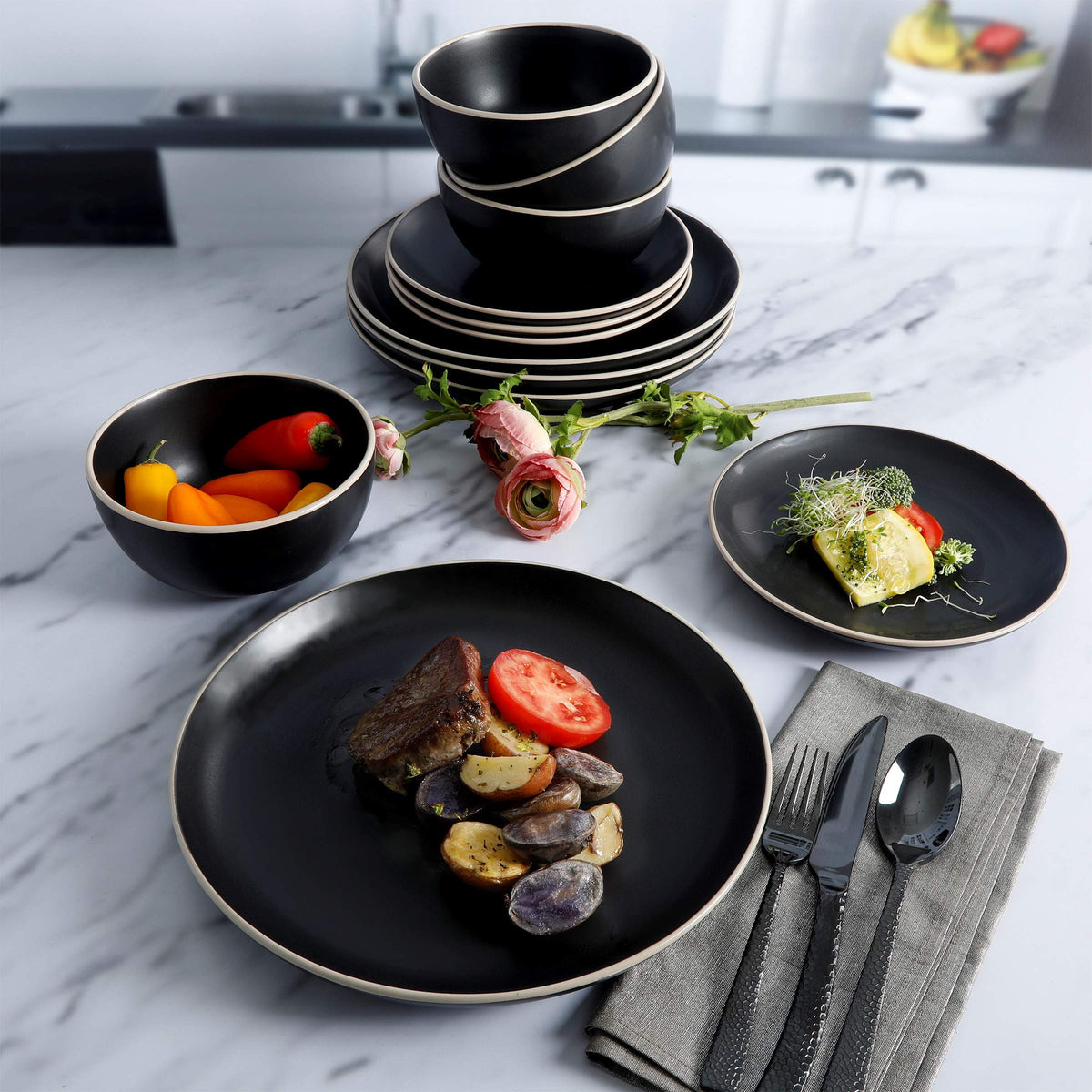 Gibson Home Queenslane 16 Piece Double Bowl Plates and Bowls Dinnerware Sets - Matte Blue