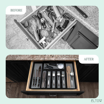 ELTOW Large Expandable Silverware Drawer Organizer, 8 Compartment Non-Slip & Adjustable Silverware Organizer for Drawer, Kitchen Organization for Utensils, Cutlery, Silverware Tray (Black)