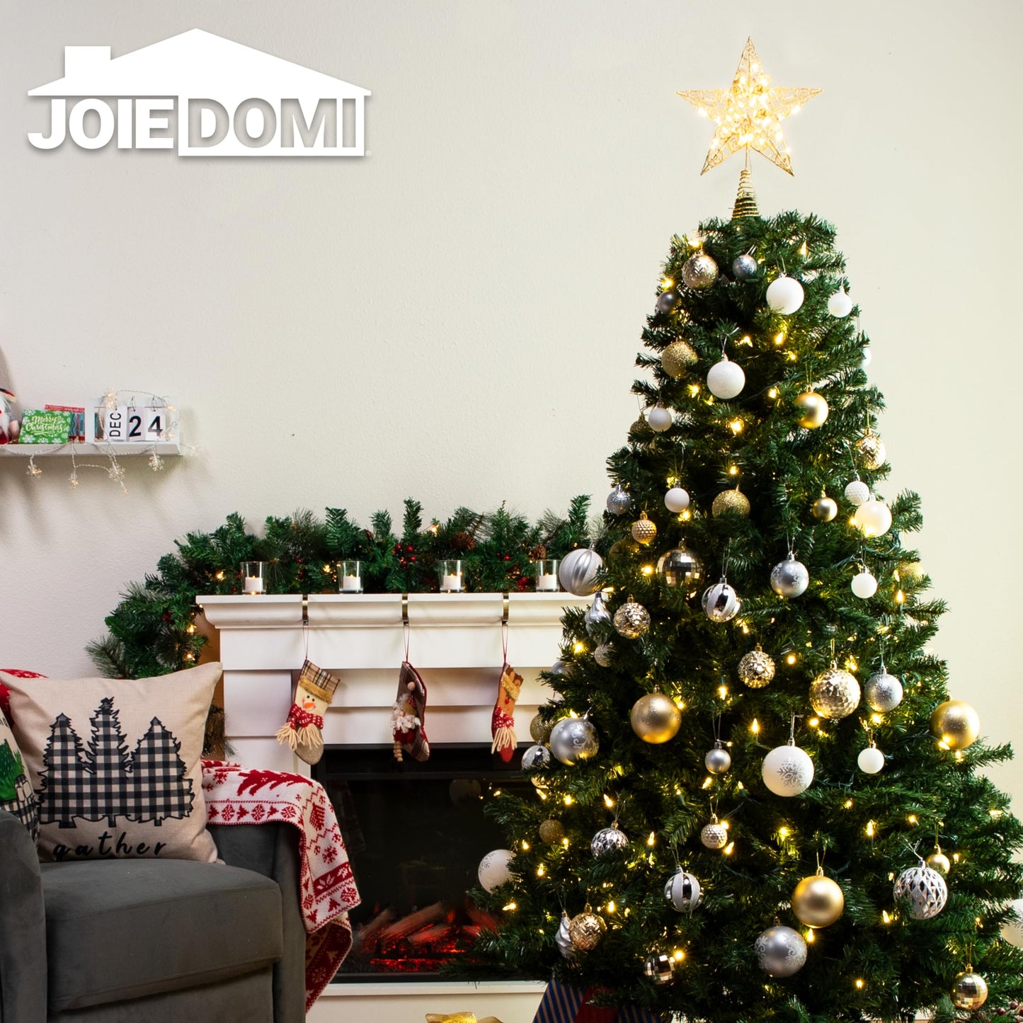 Joiedomi 8 inch Christmas Gold Glitter Star Tree Toppers Metal Lighted with 20 LED Lights for Xmas Decorations, Holiday Party Indoor Decor