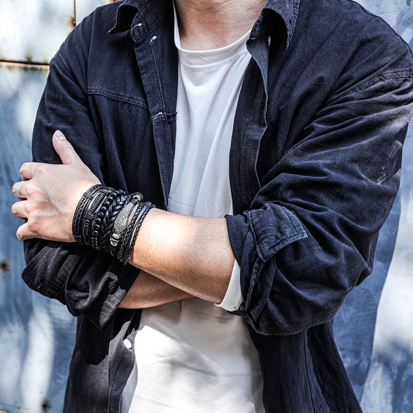 Mafnee Mens Bracelet Braided Leather Bracelet Punk Rock Cuff Bracelets Wrap Bracelet for Men Women Black