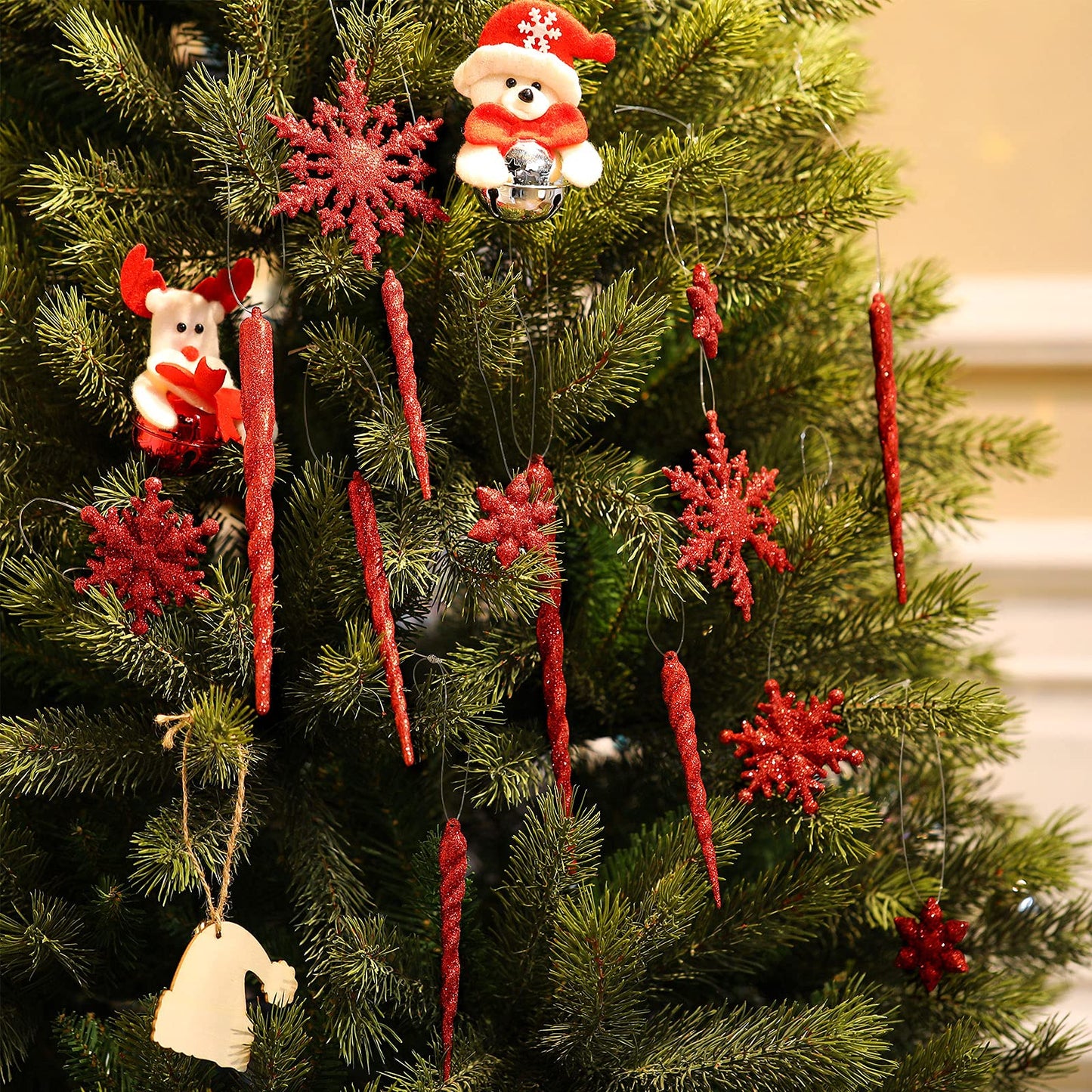 Chuangdi 72 Pcs Snowflake Icicle Ornaments for Christmas Tree Twisted Glitter Icicles Acrylic Hanging Drop Decoration for Winter Xmas Holiday Party New Year Outdoor Supplies(Red)