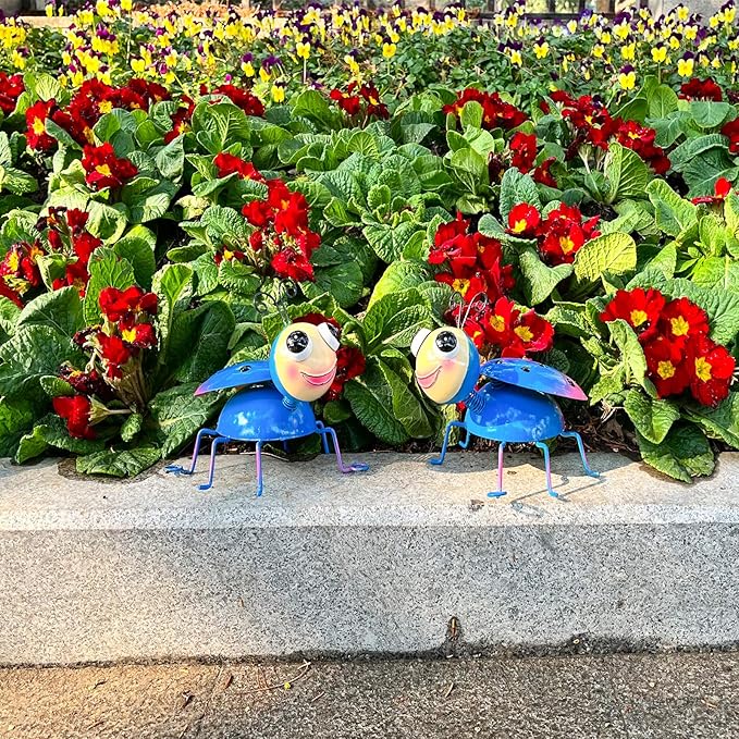 Metal Yard Art Garden Decor for Outside Cute Blue Ladybugs Lawn Patio Ornaments Backyard Decorations Garden Gifts for Mom - Set of 2